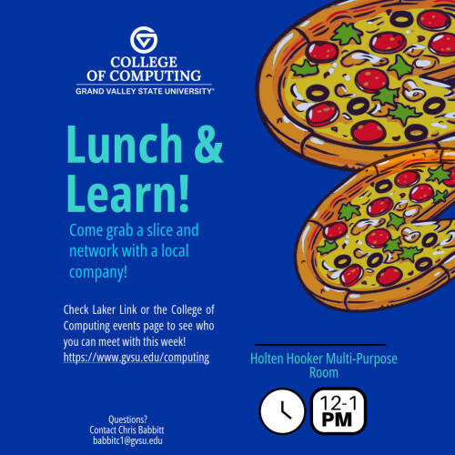 Lunch and Learn Flyer with pizzas and description to come network with industry members and grab a slice of pizza